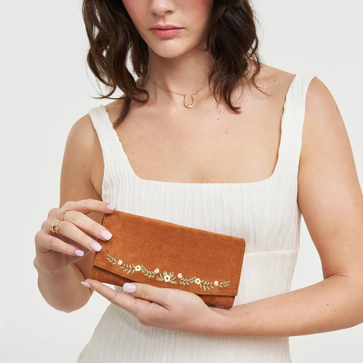 Tan Floral Embroidered Wallet | Fable England