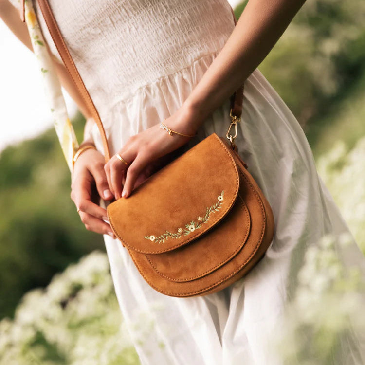 Tan Floral Embroidered Saddle Bag | Fable England
