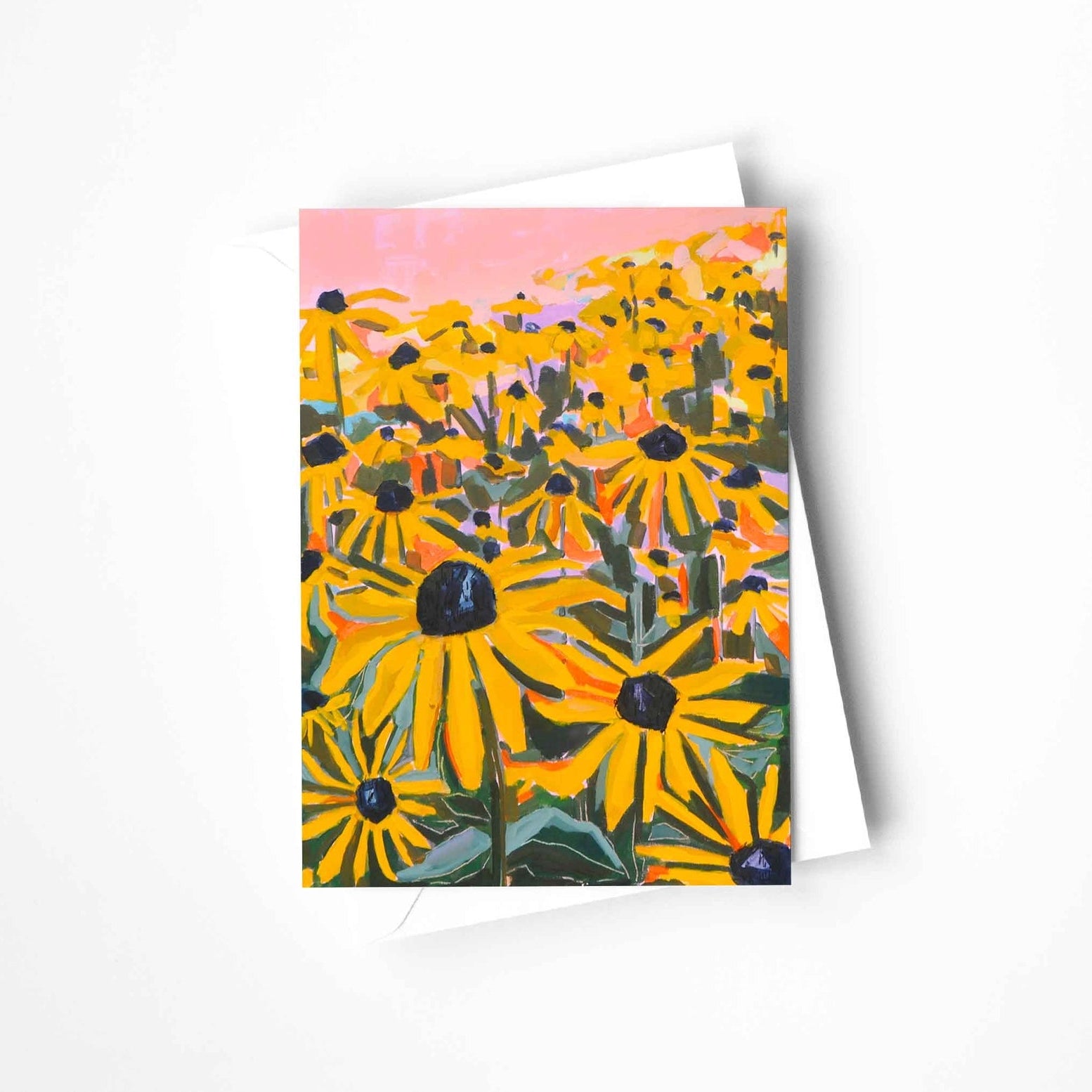 Greeting card with yellow flowers on a pink background