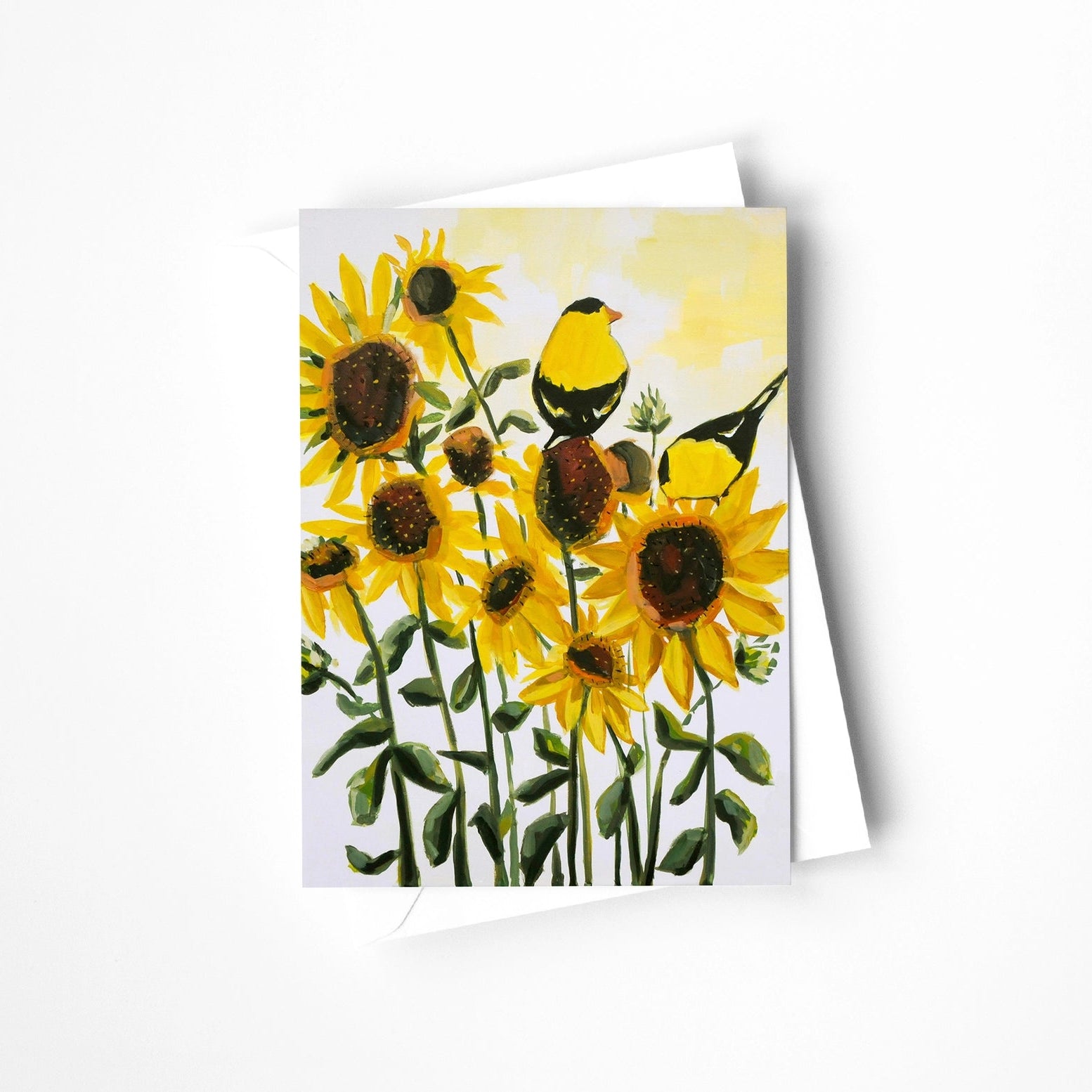 Greeting card with sunflowers and birds design on a white background