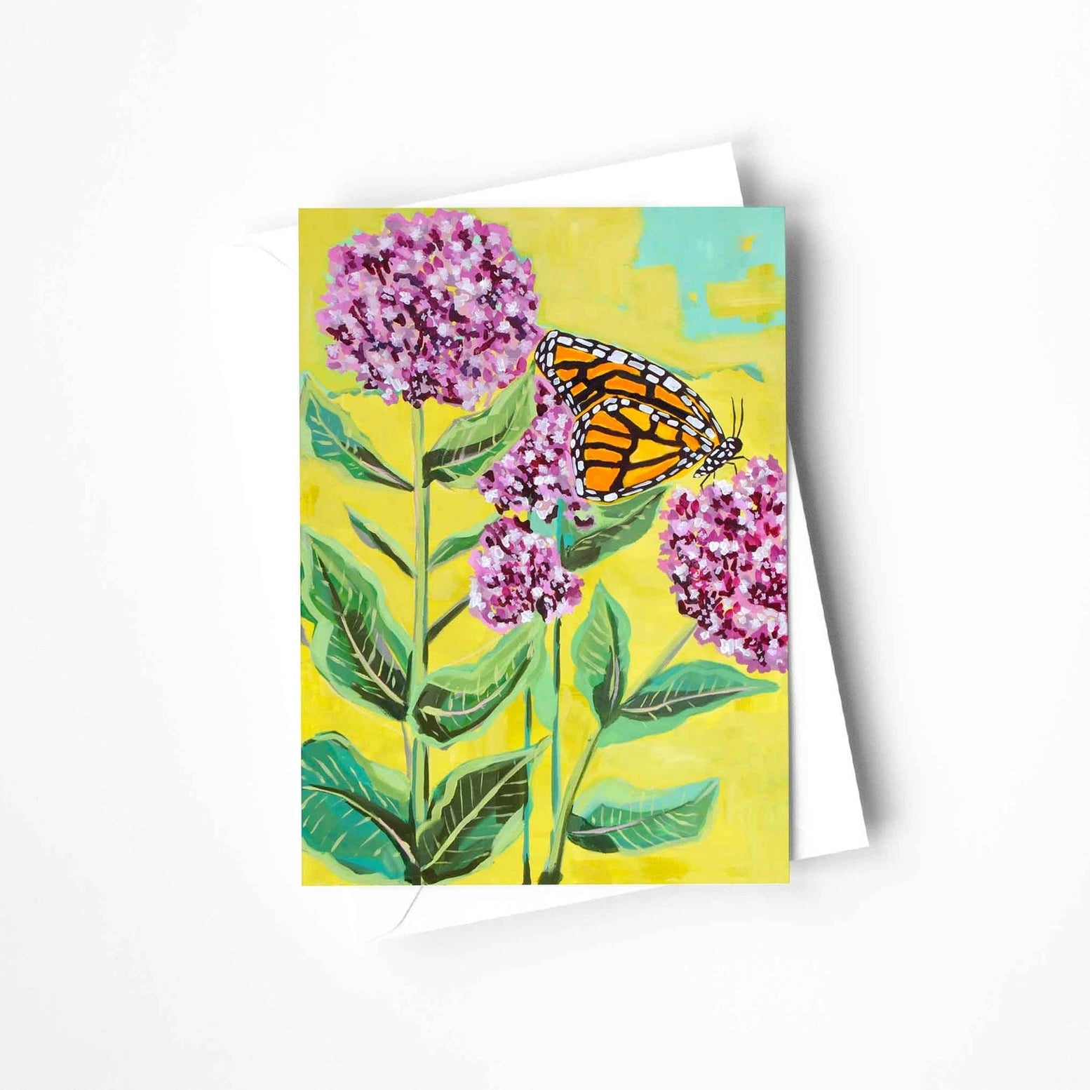 Greeting card with a butterfly on pink flowers against a yellow background