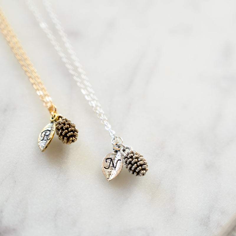 Pine Cone Initial Necklace