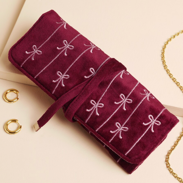 Bow Embroidered Velvet Jewellery Roll