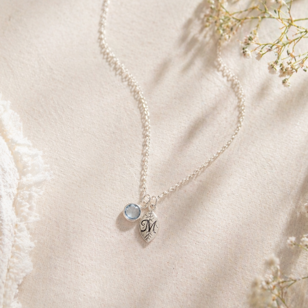 Birthstone Leaf Initial Necklace