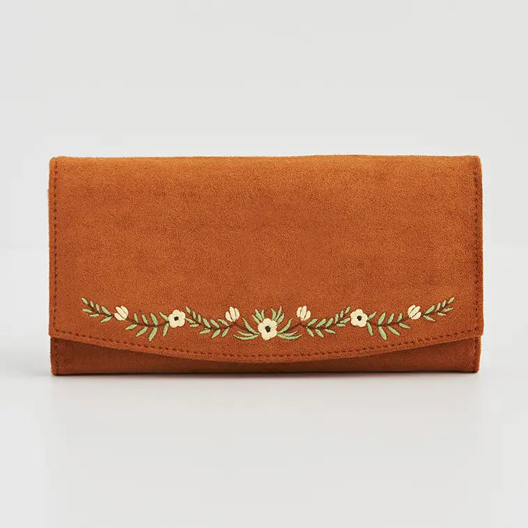 Tan Floral Embroidered Wallet | Fable England