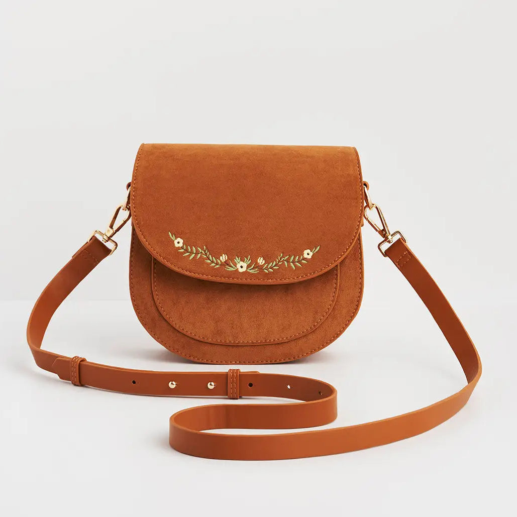 Tan Floral Embroidered Saddle Bag | Fable England