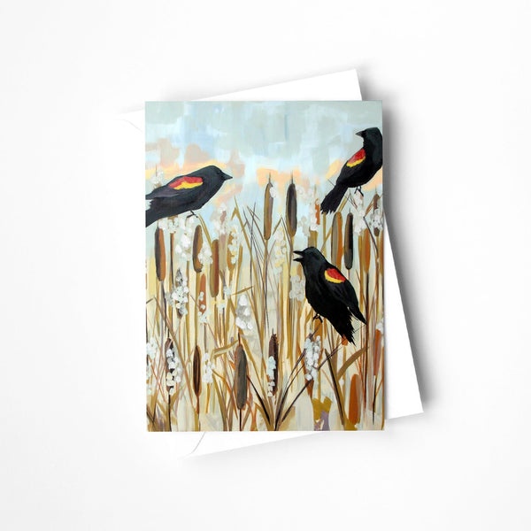 Greeting card with red-winged blackbirds and cattails on a white background