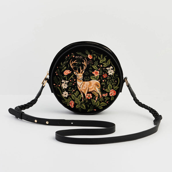 Round bag with deer and floral design on a white background