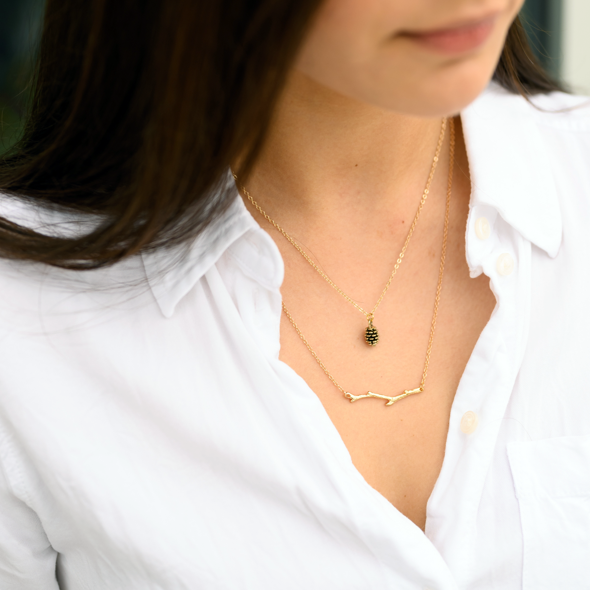 Gold Pine Cone & Branch Necklace Set